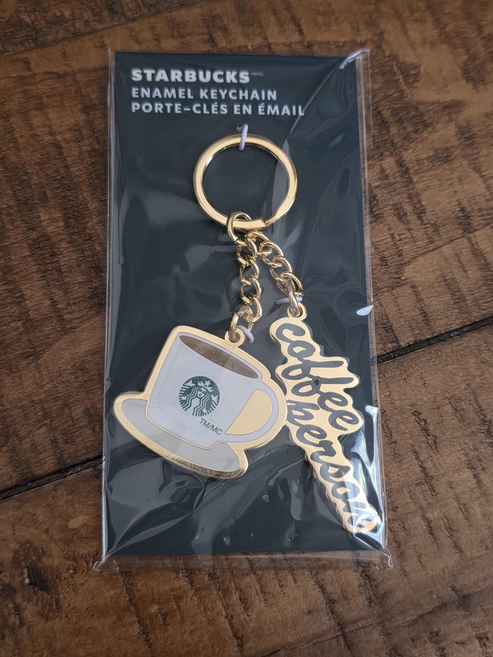 Starbucks White and Gold Coffee Cup Enamel Keychain with Script Charm
